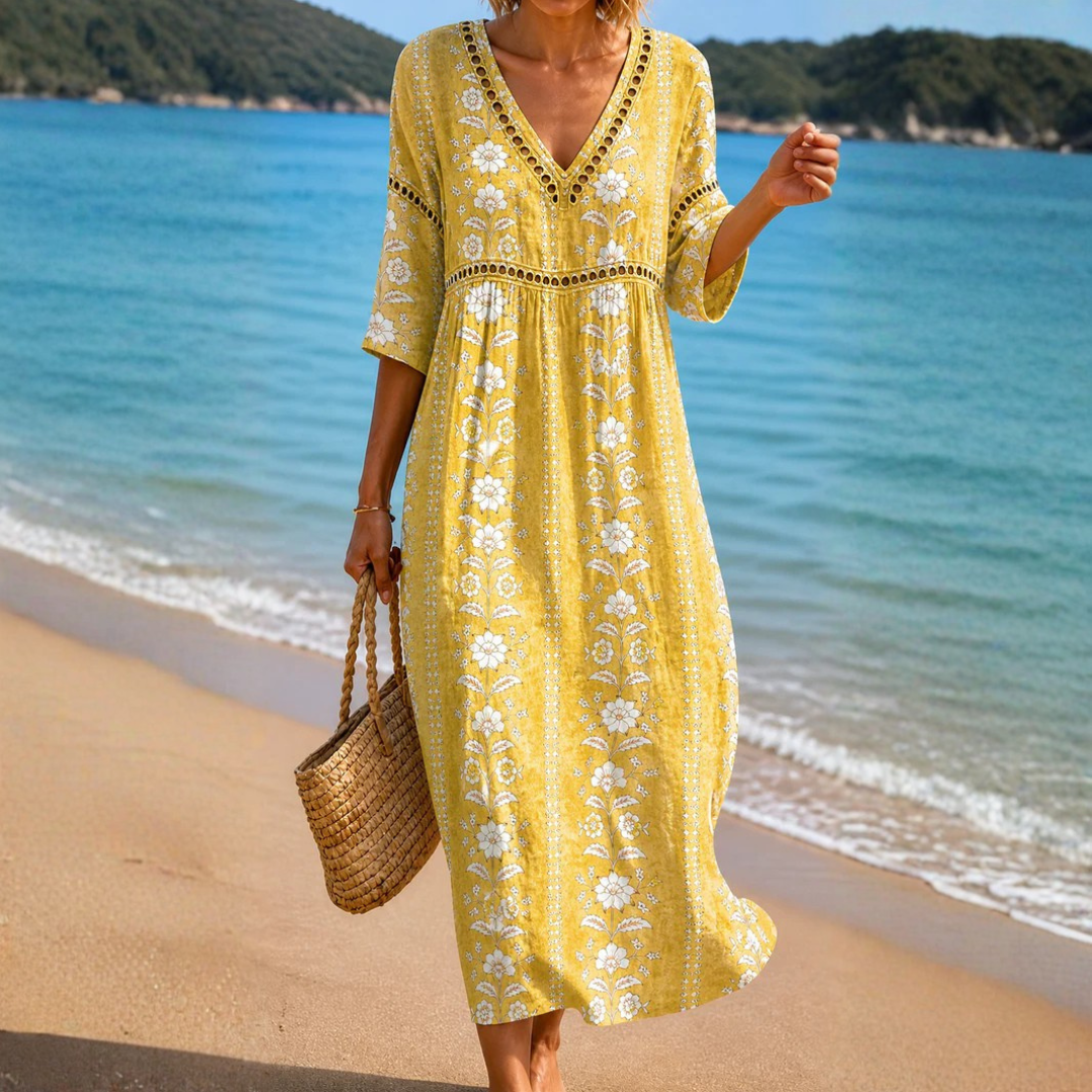 Rhoda - Yellow Floral Midi Dress
